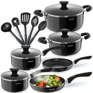 tectake® Set de casseroles & poêles Aluminium inox revêtement anti-adhésif, Lot de casseroles, poêles, marmites, couvercle casserole, ustensiles de cuisine 15 pcs. idéal cuisinère gaz & vitrocéramique