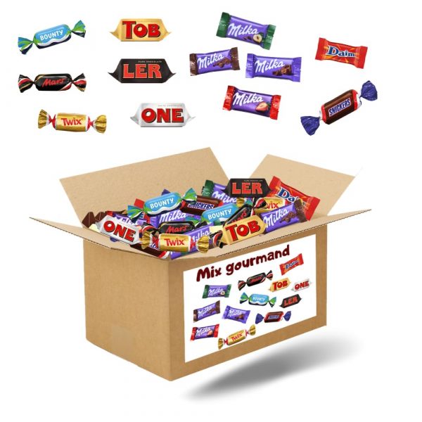 Assortiment de 250 mini-chocolats Mars, Snickers, Bounty, Twix, Milka, Daim, Toblerone | emballés individuellement 1.9 kgs | boite à partager pour les fêtes et anniversaires
