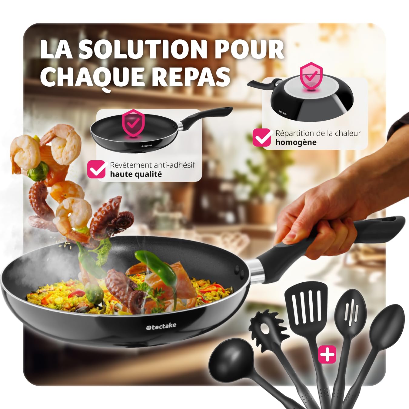 tectake® Set de casseroles & poêles Aluminium inox revêtement anti-adhésif, Lot de casseroles, poêles, marmites, couvercle casserole, ustensiles de cuisine 15 pcs. idéal cuisinère gaz & vitrocéramique - Image 6