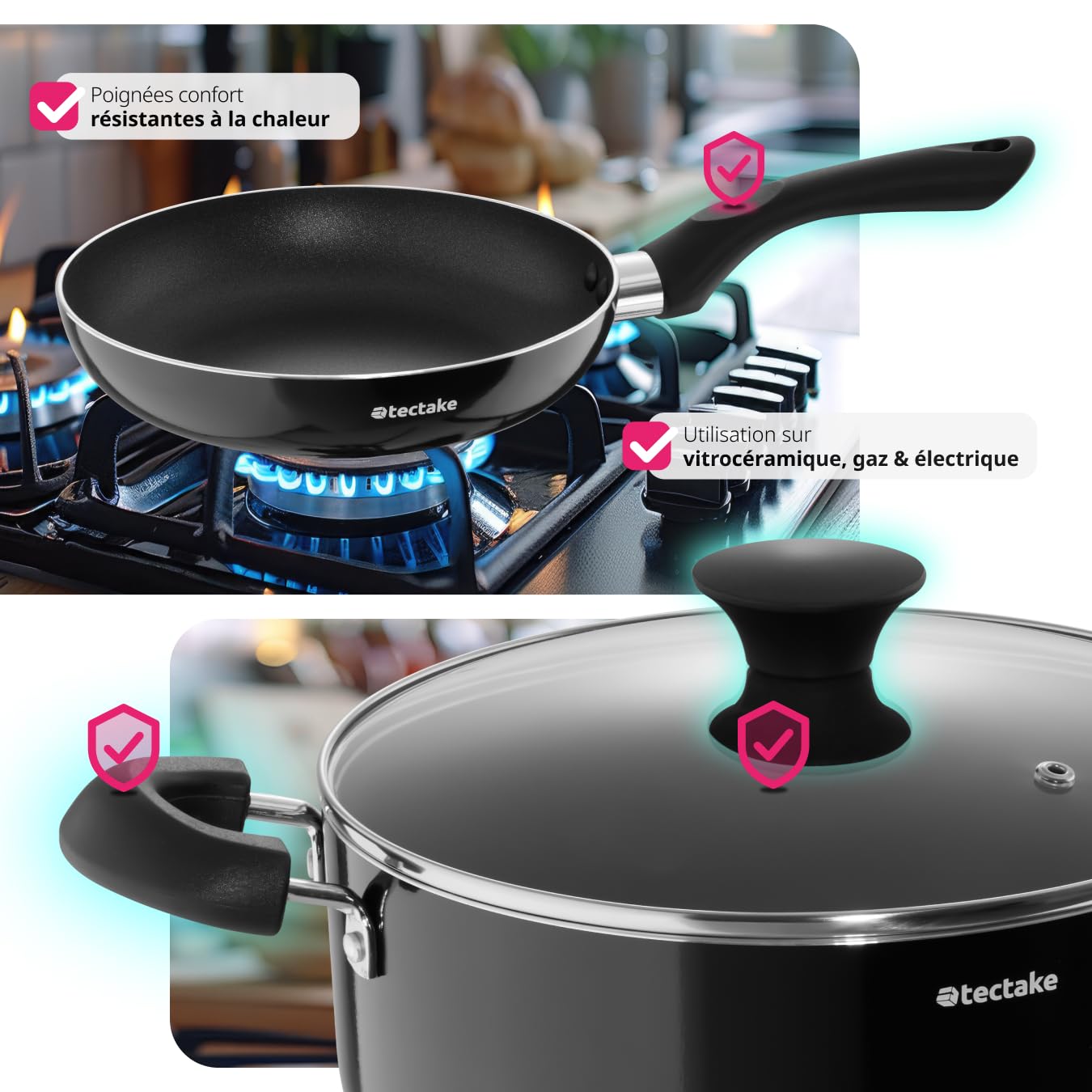 tectake® Set de casseroles & poêles Aluminium inox revêtement anti-adhésif, Lot de casseroles, poêles, marmites, couvercle casserole, ustensiles de cuisine 15 pcs. idéal cuisinère gaz & vitrocéramique - Image 3