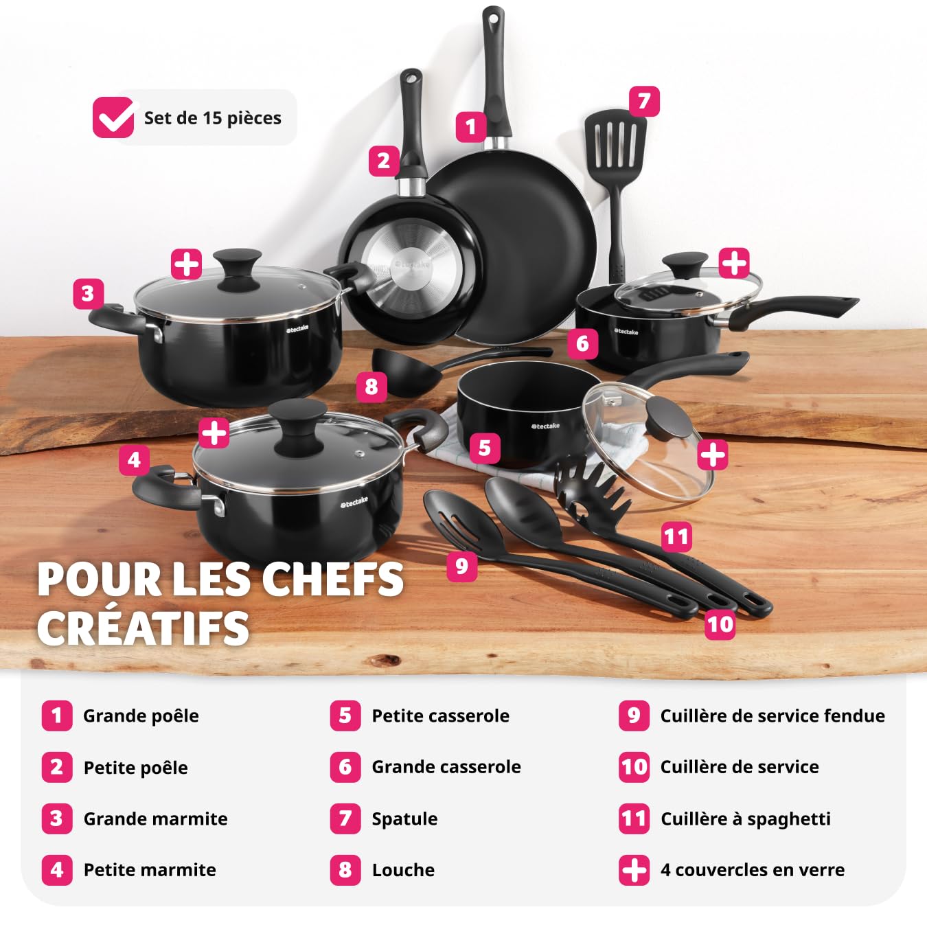 tectake® Set de casseroles & poêles Aluminium inox revêtement anti-adhésif, Lot de casseroles, poêles, marmites, couvercle casserole, ustensiles de cuisine 15 pcs. idéal cuisinère gaz & vitrocéramique - Image 7