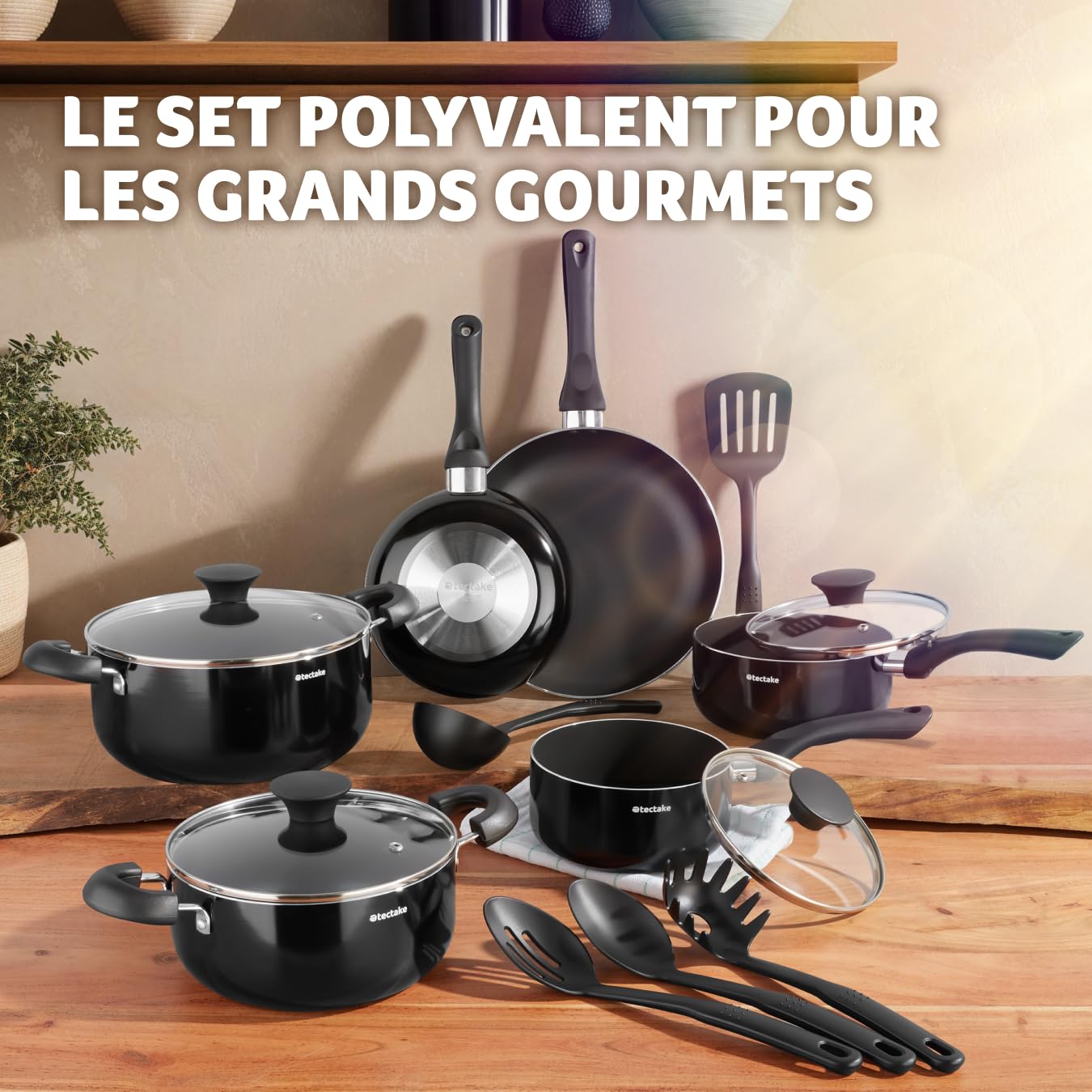 tectake® Set de casseroles & poêles Aluminium inox revêtement anti-adhésif, Lot de casseroles, poêles, marmites, couvercle casserole, ustensiles de cuisine 15 pcs. idéal cuisinère gaz & vitrocéramique - Image 2