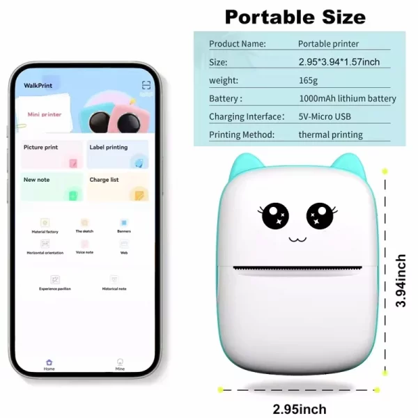 Mini imprimante thermique portable, impression de chat, imprimante d'étiquettes thermiques de poche, impression sans fil, Bluetooth, Android, iOS, 58mm – Image 3