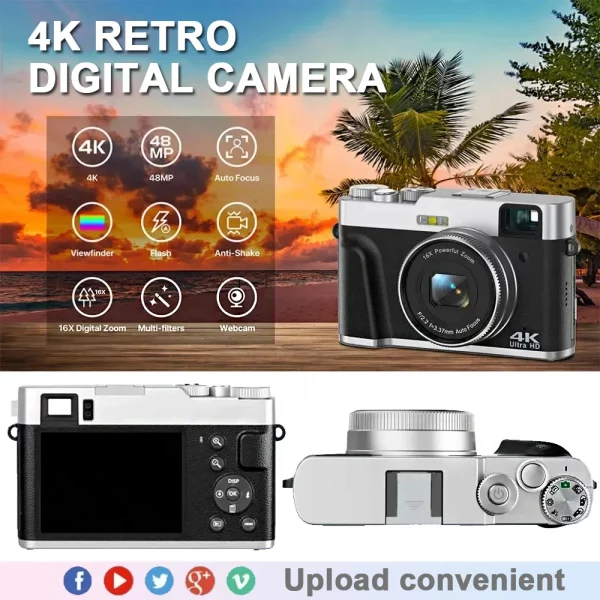 Appareil photo numérique à zoom numérique 4K CCD 8X pour étudiant, appareil photo de photographie numérique compacte 48MP 180 ° RENAU de l'appareil photo Selfile à écran rabattable – Image 5