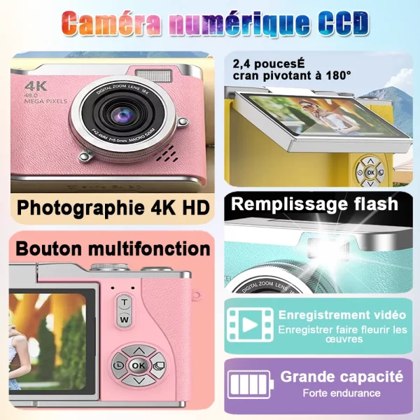 Appareil photo numérique à zoom numérique 4K CCD 8X pour étudiant, appareil photo de photographie numérique compacte 48MP 180 ° RENAU de l'appareil photo Selfile à écran rabattable – Image 3