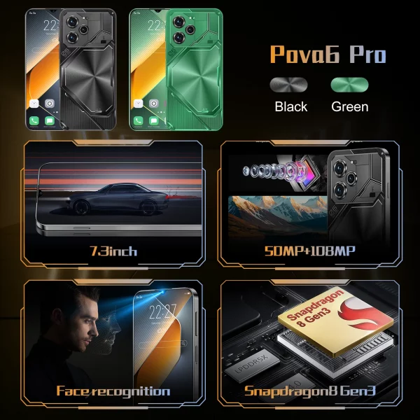 Nouveau smartphone Pova 6 Pro déverrouille l'écran haute définition avec un double analogique 7.3 pouces 22 Go + 2 To 5G Celulares Android 14 8000 mAh – Image 2