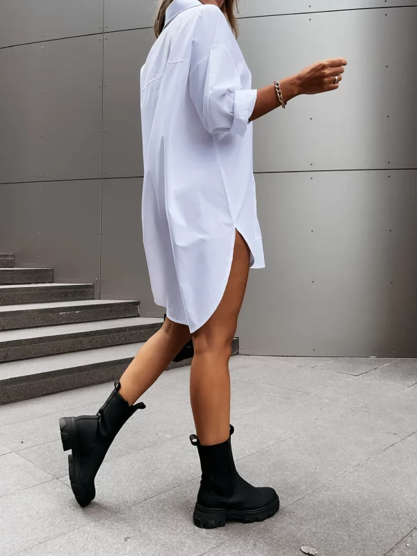 Robe chemise à boutons sur le devant pour femmes, couleur unie, robe décontractée à revers à manches longues pour le printemps et l'automne – Image 2