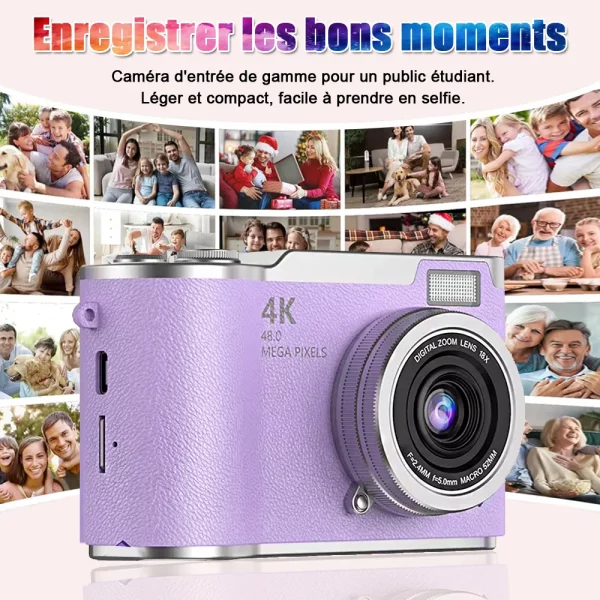 Appareil photo numérique à zoom numérique 4K CCD 8X pour étudiant, appareil photo de photographie numérique compacte 48MP 180 ° RENAU de l'appareil photo Selfile à écran rabattable – Image 4
