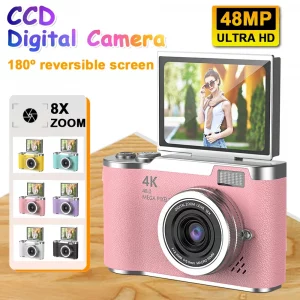 Appareil photo numérique à zoom numérique 4K CCD 8X pour étudiant, appareil photo de photographie numérique compacte 48MP 180 ° RENAU de l'appareil photo Selfile à écran rabattable