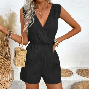 combinaison femme eté Barboteuse d'été décontractée pour femme diabétique, col en v croisé, en fibre solide, salopette courte, combishort de vacances, tenue une pièce