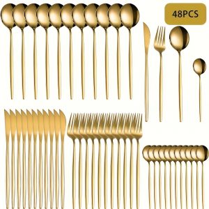 Ensemble de couverts dorés pour 12 convives - Élégance et durabilité pour vos repas gastronomiques