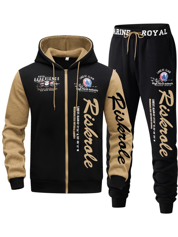 Ensemble pour Homme Bleu Marine & Noir "Riverside" Imprimé - Sweat à Capuche et Pantalon Jogger Sportif, Casual en Polyester avec Sweat à Capuche Zippé & Pantalon à Cordon, Lavable en Machine pour la Course & Loisirs, Tenue de Loisirs|Sweat à Capuche Zippé|Coupe Confortable, Pantalon de Jogging – Image 4