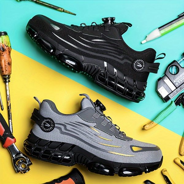 Basket de Travail pour Hommes avec sécurité en Acier & Anti-percussion - Respirantes, Chaussures de Sécurité Antidérapantes à Lacets avec Boucle Rotative, Durables pour Activités Extérieures, Tige en Maille Noire & Grise, Chaussures à Bout en Acier – Image 10