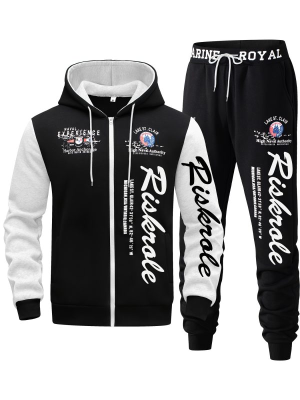 Ensemble pour Homme Bleu Marine & Noir "Riverside" Imprimé - Sweat à Capuche et Pantalon Jogger Sportif, Casual en Polyester avec Sweat à Capuche Zippé & Pantalon à Cordon, Lavable en Machine pour la Course & Loisirs, Tenue de Loisirs|Sweat à Capuche Zippé|Coupe Confortable, Pantalon de Jogging – Image 6