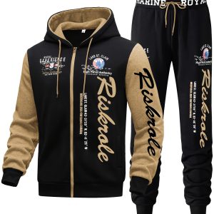 Ensemble pour Homme Bleu Marine & Noir "Riverside" Imprimé - Sweat à Capuche et Pantalon Jogger Sportif, Casual en Polyester avec Sweat à Capuche Zippé & Pantalon à Cordon, Lavable en Machine pour la Course & Loisirs, Tenue de Loisirs|Sweat à Capuche Zippé|Coupe Confortable, Pantalon de Jogging