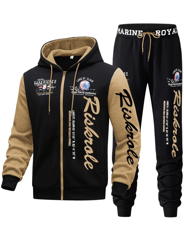 Ensemble pour Homme Bleu Marine & Noir "Riverside" Imprimé - Sweat à Capuche et Pantalon Jogger Sportif, Casual en Polyester avec Sweat à Capuche Zippé & Pantalon à Cordon, Lavable en Machine pour la Course & Loisirs, Tenue de Loisirs|Sweat à Capuche Zippé|Coupe Confortable, Pantalon de Jogging
