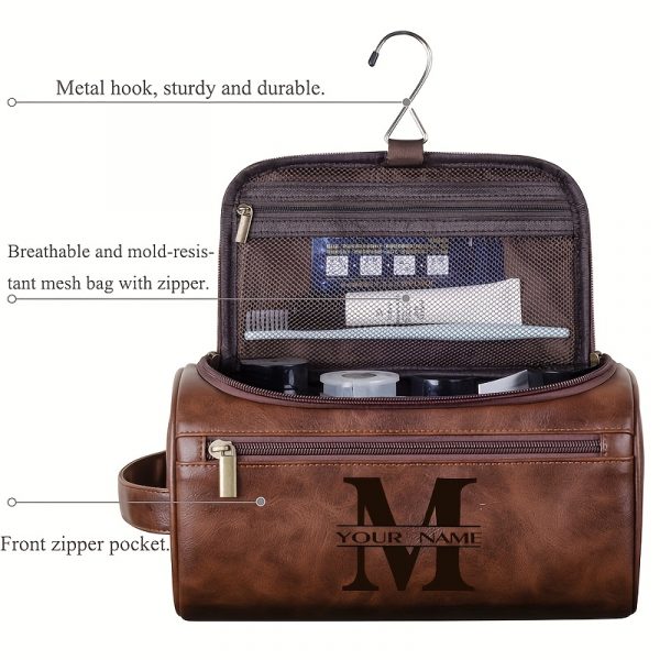 Trousse de Toilette Personnalisée pour Hommes en Cuir Synthétique Marron - Idéal pour la Saint-Valentin, Noël & Fête des Pères! – Image 2