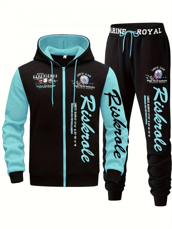 Ensemble pour Homme Bleu Marine & Noir "Riverside" Imprimé - Sweat à Capuche et Pantalon Jogger Sportif, Casual en Polyester avec Sweat à Capuche Zippé & Pantalon à Cordon, Lavable en Machine pour la Course & Loisirs, Tenue de Loisirs|Sweat à Capuche Zippé|Coupe Confortable, Pantalon de Jogging – Image 9