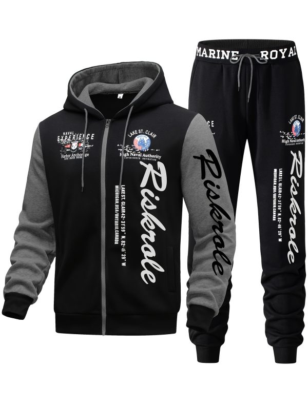 Ensemble pour Homme Bleu Marine & Noir "Riverside" Imprimé - Sweat à Capuche et Pantalon Jogger Sportif, Casual en Polyester avec Sweat à Capuche Zippé & Pantalon à Cordon, Lavable en Machine pour la Course & Loisirs, Tenue de Loisirs|Sweat à Capuche Zippé|Coupe Confortable, Pantalon de Jogging – Image 11