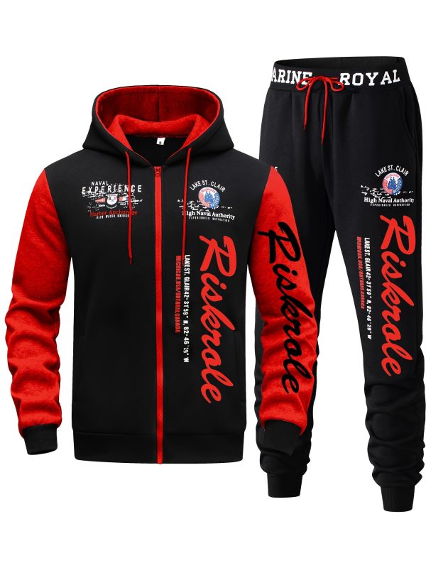 Ensemble pour Homme Bleu Marine & Noir "Riverside" Imprimé - Sweat à Capuche et Pantalon Jogger Sportif, Casual en Polyester avec Sweat à Capuche Zippé & Pantalon à Cordon, Lavable en Machine pour la Course & Loisirs, Tenue de Loisirs|Sweat à Capuche Zippé|Coupe Confortable, Pantalon de Jogging – Image 5