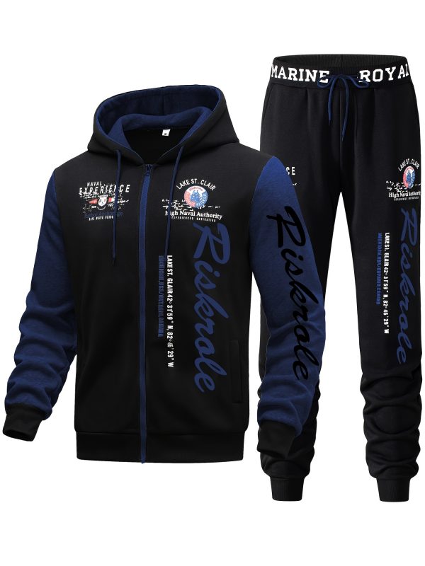 Ensemble pour Homme Bleu Marine & Noir "Riverside" Imprimé - Sweat à Capuche et Pantalon Jogger Sportif, Casual en Polyester avec Sweat à Capuche Zippé & Pantalon à Cordon, Lavable en Machine pour la Course & Loisirs, Tenue de Loisirs|Sweat à Capuche Zippé|Coupe Confortable, Pantalon de Jogging – Image 10