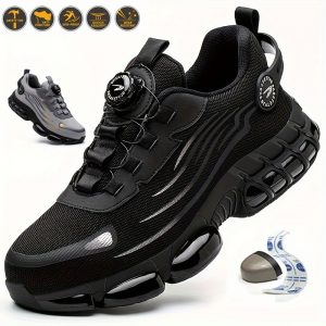 Basket de Travail pour Hommes avec sécurité en Acier & Anti-percussion - Respirantes, Chaussures de Sécurité Antidérapantes à Lacets avec Boucle Rotative, Durables pour Activités Extérieures, Tige en Maille Noire & Grise, Chaussures à Bout en Acier