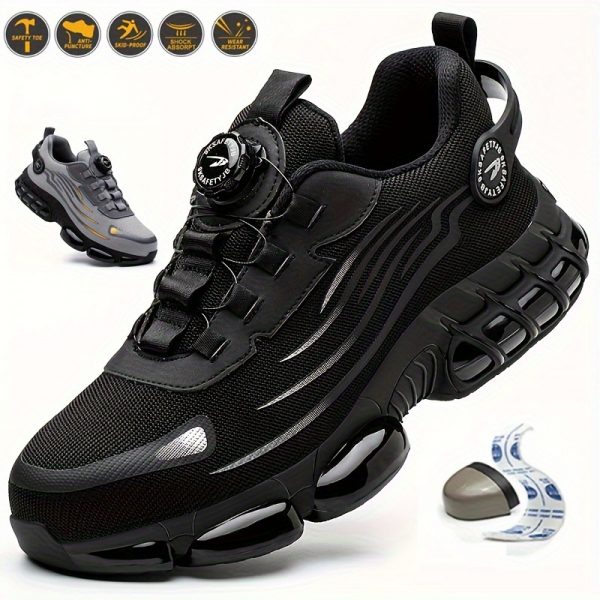Basket de Travail pour Hommes avec sécurité en Acier & Anti-percussion - Respirantes, Chaussures de Sécurité Antidérapantes à Lacets avec Boucle Rotative, Durables pour Activités Extérieures, Tige en Maille Noire & Grise, Chaussures à Bout en Acier
