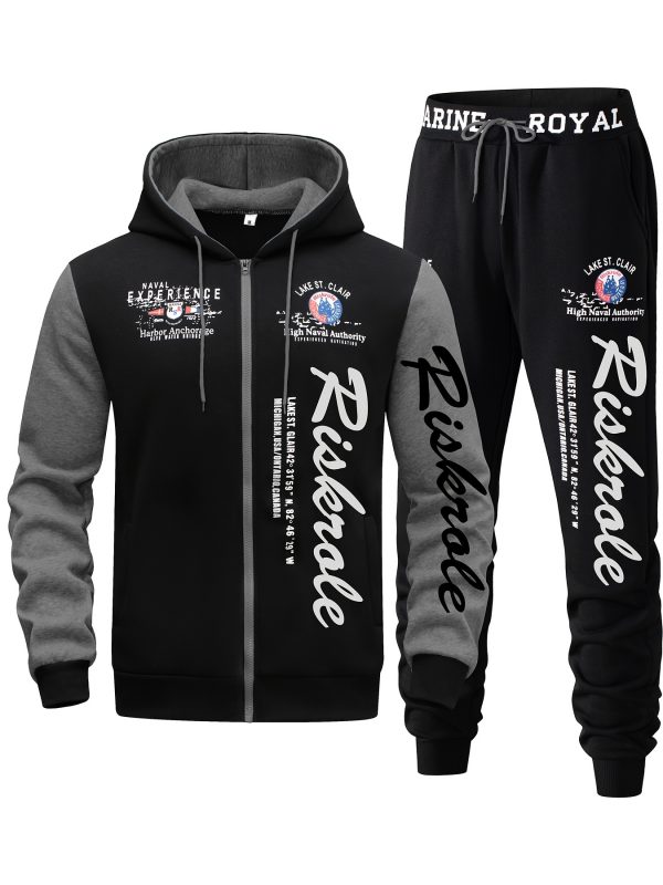 Ensemble pour Homme Bleu Marine & Noir "Riverside" Imprimé - Sweat à Capuche et Pantalon Jogger Sportif, Casual en Polyester avec Sweat à Capuche Zippé & Pantalon à Cordon, Lavable en Machine pour la Course & Loisirs, Tenue de Loisirs|Sweat à Capuche Zippé|Coupe Confortable, Pantalon de Jogging – Image 3