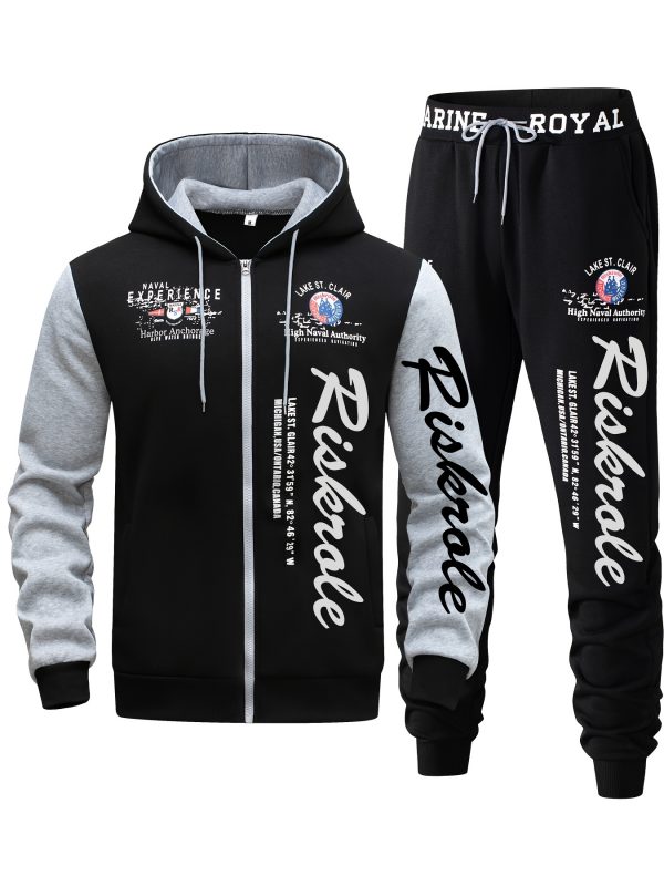 Ensemble pour Homme Bleu Marine & Noir "Riverside" Imprimé - Sweat à Capuche et Pantalon Jogger Sportif, Casual en Polyester avec Sweat à Capuche Zippé & Pantalon à Cordon, Lavable en Machine pour la Course & Loisirs, Tenue de Loisirs|Sweat à Capuche Zippé|Coupe Confortable, Pantalon de Jogging – Image 7