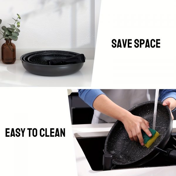 3 pièces + poignée Découvrez la poêle antiadhésive parfaite : poignée amovible et compatibilité induction – Image 5