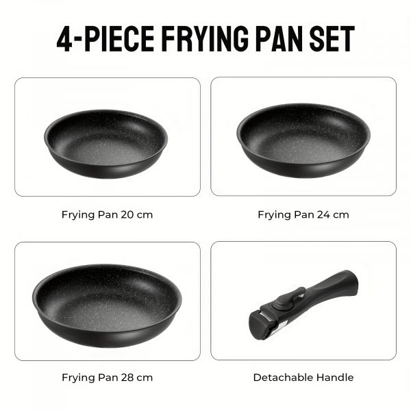3 pièces + poignée Découvrez la poêle antiadhésive parfaite : poignée amovible et compatibilité induction – Image 2