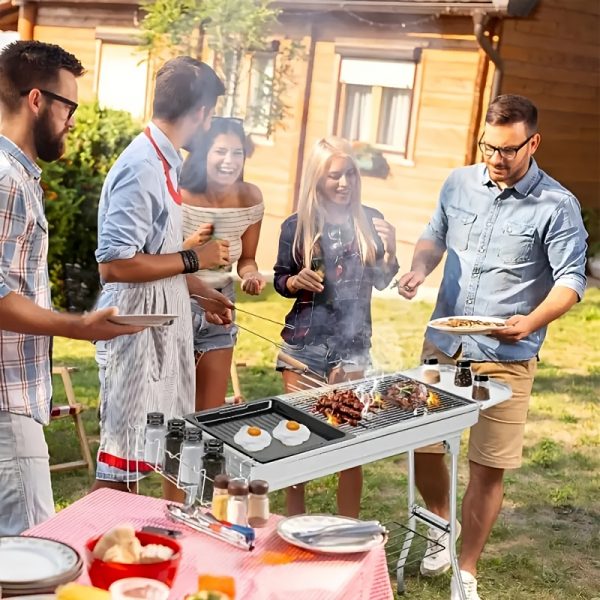 Grand barbecue de luxe pour les rassemblements à domicile et le camping, doté d'un grand gril en acier inoxydable, d'un barbecue portable pliable en charbon de bois adapté au camping, aux voyages, au parc et à la plage. Les fêtes de barbecue en plein air. – Image 7
