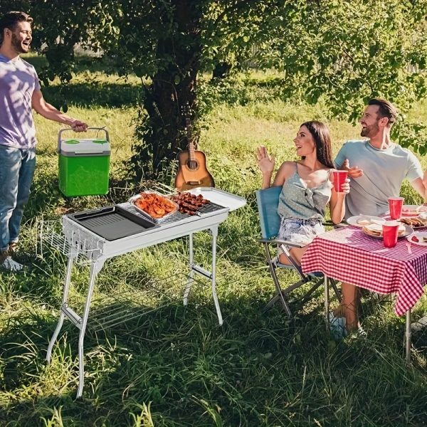 Grand barbecue de luxe pour les rassemblements à domicile et le camping, doté d'un grand gril en acier inoxydable, d'un barbecue portable pliable en charbon de bois adapté au camping, aux voyages, au parc et à la plage. Les fêtes de barbecue en plein air. – Image 8