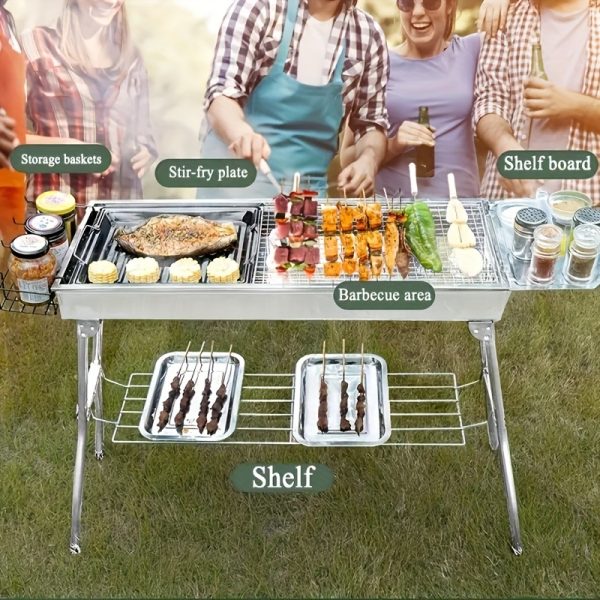 Grand barbecue de luxe pour les rassemblements à domicile et le camping, doté d'un grand gril en acier inoxydable, d'un barbecue portable pliable en charbon de bois adapté au camping, aux voyages, au parc et à la plage. Les fêtes de barbecue en plein air. – Image 4
