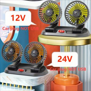 Ventilateur de Voiture Universel 5V/USB/12V/24V, Double Tête Rotatives 2 Vitesses Réglable, Restez au Frais dans votre Voiture