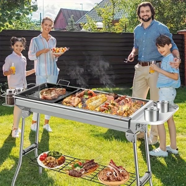 Grand barbecue de luxe pour les rassemblements à domicile et le camping, doté d'un grand gril en acier inoxydable, d'un barbecue portable pliable en charbon de bois adapté au camping, aux voyages, au parc et à la plage. Les fêtes de barbecue en plein air. – Image 2