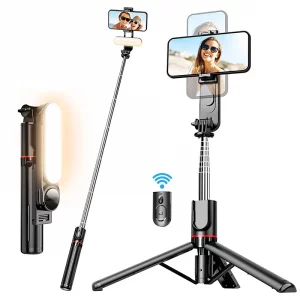 Trépied Selfie Stick Bluetooth Pliable – Trépied Portable avec Lumière d’Appoint et Télécommande iPhone/Smartphone