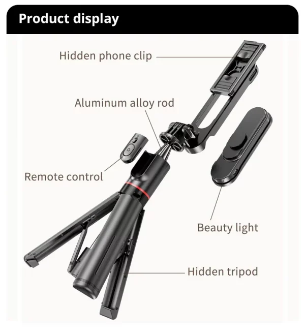 Trépied Selfie Stick Bluetooth Pliable – Trépied Portable avec Lumière d’Appoint et Télécommande iPhone/Smartphone – Image 5
