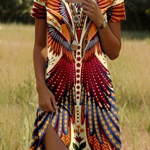 Robe élégante femme - Floral, Coupe A, manches courtes, lavable, tendance printemps-automne