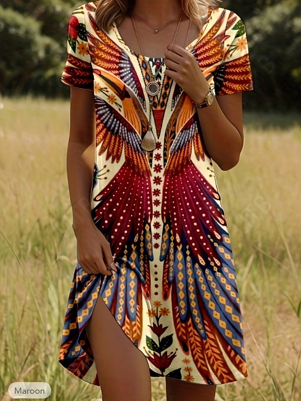 Robe élégante femme - Floral, Coupe A, manches courtes, lavable, tendance printemps-automne
