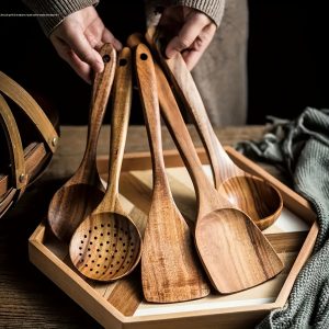 Set Spatule Bois Naturel – Lot de 5 Ustensiles Anti-adhésifs pour Cuisine Éco-Chic