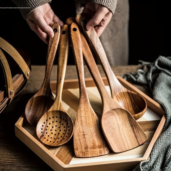 Set Spatule Bois Naturel – Lot de 5 Ustensiles Anti-adhésifs pour Cuisine Éco-Chic