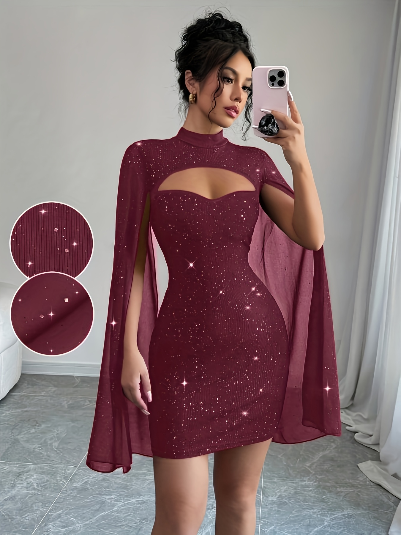 Robe de Soirée Femme Cape & Col Montant – Scintillante et Élégante - Image 2