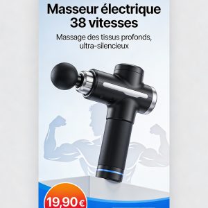 Masseur électrique portatif 38 vitesses – tissus profonds, ultra-silencieux, 4 têtes