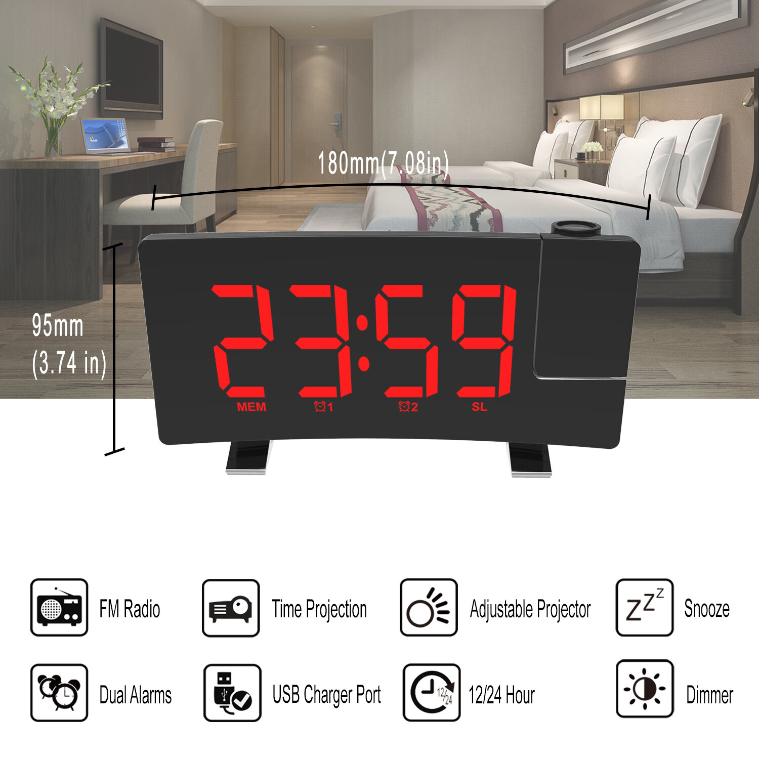 Réveil Projecteur AGSIVO 8 pouces – Projecteur 180°, Radio FM, Snooze, Variateur 3 Niveaux, Écran LED Courbé, Port USB – Chambre & Salon - Image 2