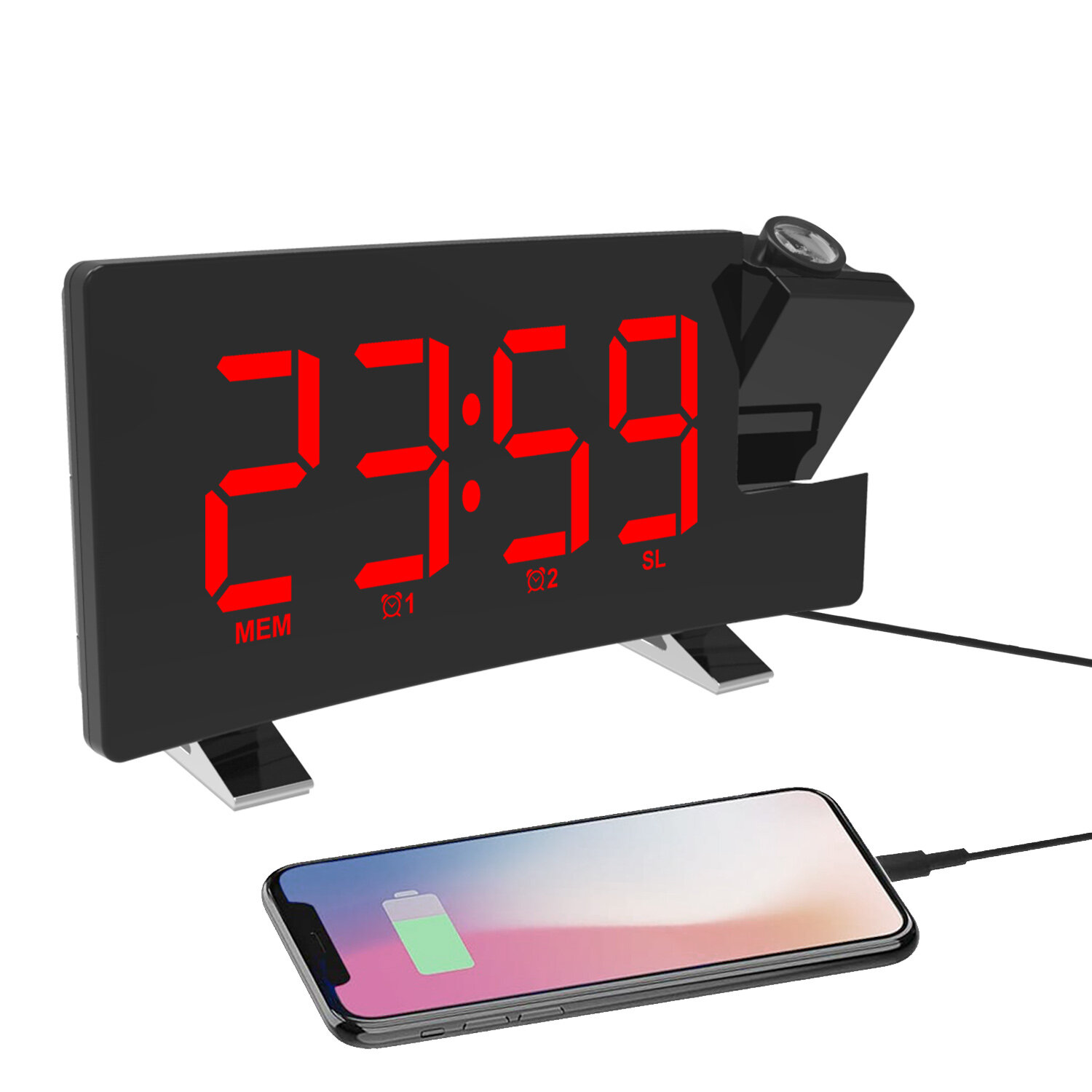 Réveil Projecteur AGSIVO 8 pouces – Projecteur 180°, Radio FM, Snooze, Variateur 3 Niveaux, Écran LED Courbé, Port USB – Chambre & Salon - Image 8
