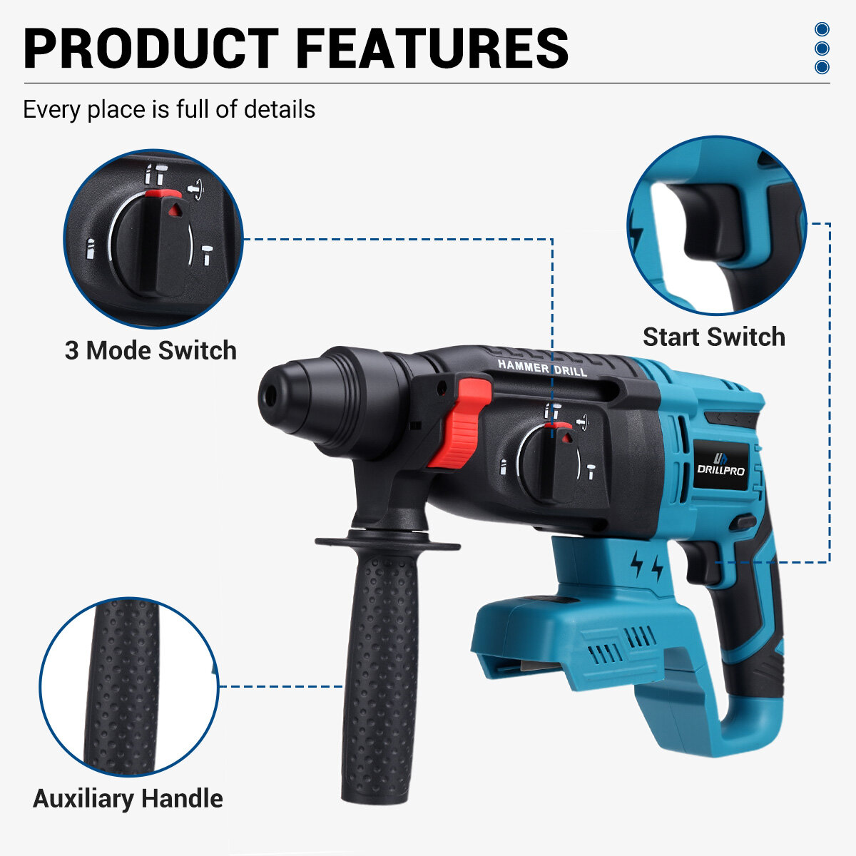 Set d'outils électriques Drillpro de 4 pièces : clé,meuleuse angulaire,perforateur,moteur sans balais,livré avec 2 batteries et 1 chargeur. - Bleu - Image 3