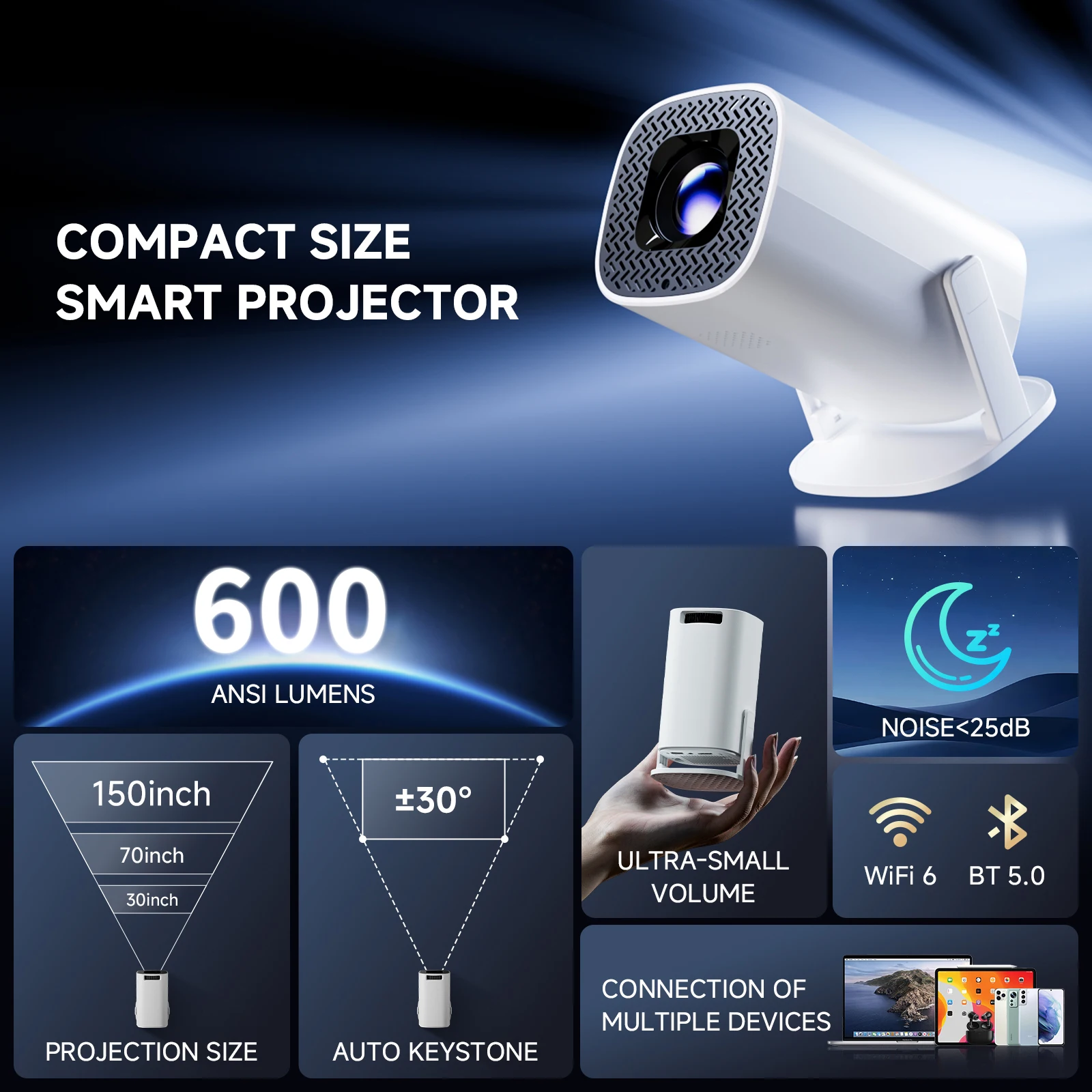 Nouveau Projecteur Portable YDH‑P30 Pro 2025 – 600 Lumens | Android 13 | Autofocus | Double WiFi | 150” | Home Cinéma Compact - Image 2