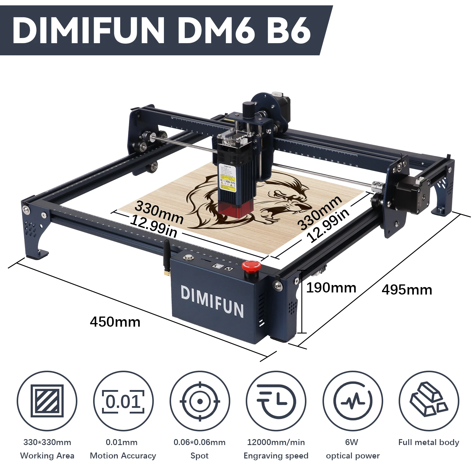 DIMIFUN Laser Master DM6 – Graveur Laser 6W/12W Haute Précision | Découpe Bois Cuir | Marquage Métal | Grande Surface 330×330 mm - Image 6