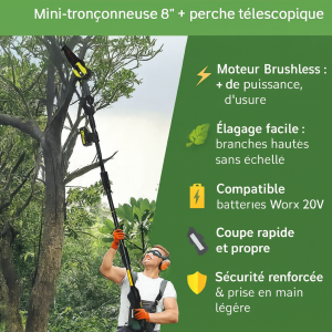 Scie Sans Fil Drillpro 2‑en‑1 Brushless – Mini Tronçonneuse 6" + Perche Télescopique (option)– Compatible Batterie Worx – Portée 2 m